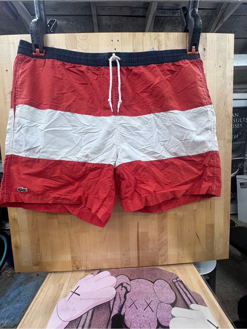 Lacoste Red and White Horizontal Stripe Swim Shorts with Navy Waistband